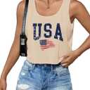 Women's 4th of July Outfits USA Shirt Patriotic Tank American Flag Crop Top (Beige, XL)