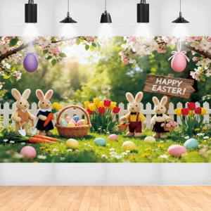 Happy Easter Backdrops Decorations, Spring Bunny Grassland Rustic Photography Banner Background, Jesus Easter Spring Eggs Banner Party Decorations Supplies 71 x 43 Inch