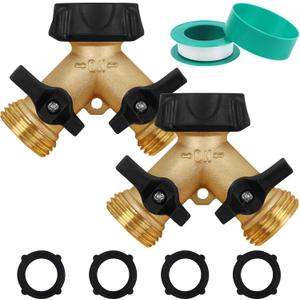 Biswing 2 Pack Garden Hose Splitter 2 Way, Heavy Duty Brass Connector Tap Splitter, Y Splitter 2 Valves with 4 Extra Rubber Washers