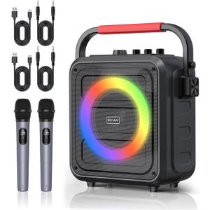 Karaoke Machine for Adults & Kids, Bluetooth Karaoke Speaker with Two Wireless Karaoke Microphones, PA System Speaker Supports TF Card/ USB, AUX in, REC, Bass & Treble for Party/ Meeting/ Adults/ Kids