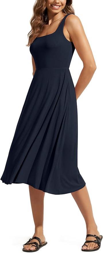 ODODOS Square Neck Midi Dress with Pockets for Women Summer Casual Sleeveless Sundress Flare Tank Dress, XXL