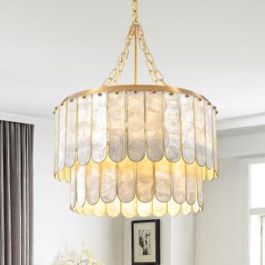 Modern 5-Light Shell Chandelier, 2-Tiered Faceted Pendant Light with Gold Metal Frame, E26 Lighting Fixture for Dining Room, Bedroom, Living Room, 20.5 Inches