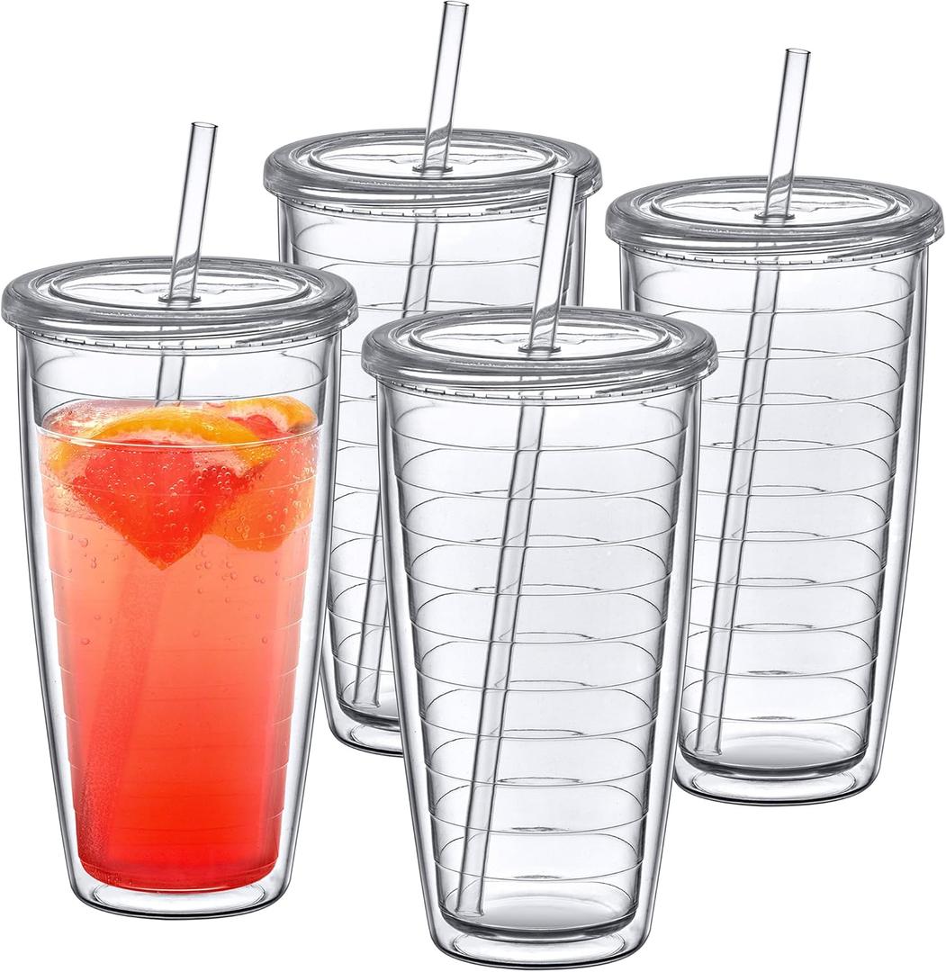 Amazing Abby - Alaska On-the-Go - 24-Ounce Insulated Plastic Tumblers with Lid and Straw (Set of 4), Double-Wall Travel Tumblers, All-Clear Drinking Glasses, BPA-Free, Shatter-Proof, Dishwasher-Safe
