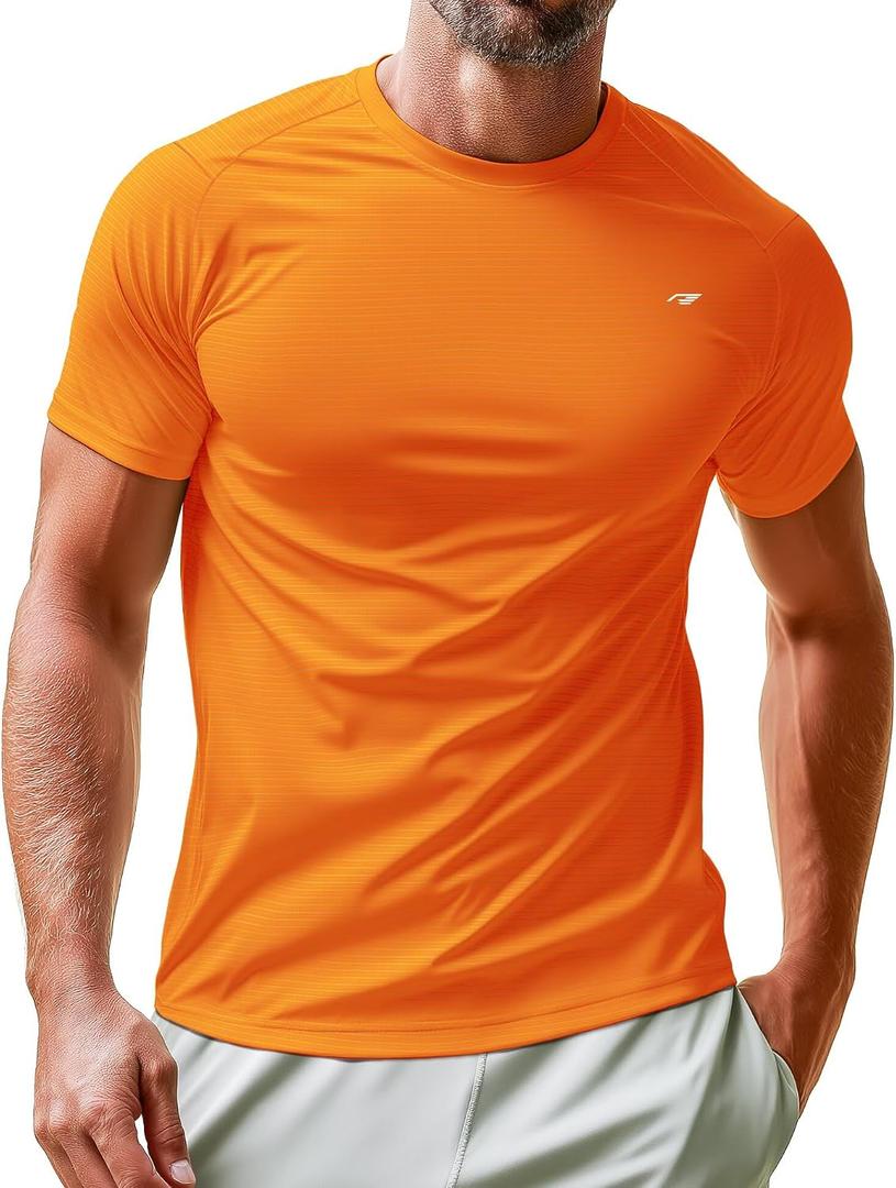 Mens Performance T Shirts Short Sleeve Athletic Fit Tee Shirt | Moisture wicking quick dry high elasticity gym activewear running top durable shrink resistant cooling workout tshirt (Orange, M)