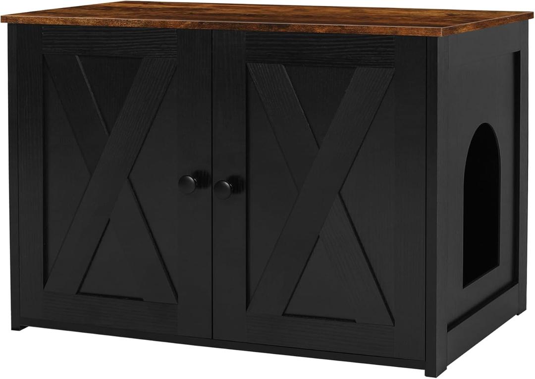 Dwanton Litter Box Enclosure, Cat Litter Box Furniture Hidden, Reversible Entrance Can Be on Left or Right Side, Wooden Cat Washroom Indoor, Black and Rustic Brown, 27.6 Inches