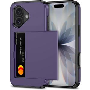 2 x SAMONPOW for iPhone 17 Phone Case with Card Holder iPhone 17 Wallet Case 6.3 inch Heavy Duty Protective Shockproof Dual Layer Hidden Card Slot Slim Cover for Women Men, Gray Purple