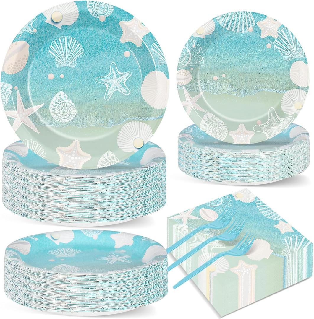 Seashell Beach Party Plates Napkin Fork Nautical Coastal Birthday Party Tableware Set Ocean Starfish Dinnerware Supply for Summer Holiday baby shower Wedding Bridal Decoration favor Serve 50