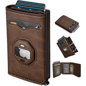 Airtag Wallet for Men,with Cash Pocket 2 ID Window 10+ Cards,Metal Case Smart Slim Pop Up Credit Card Holder Flip with Magnetic Closure RFID Blocking Trifold Leather wallet with Gift Box