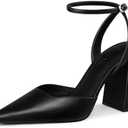 CELLENZ Women Chunky Heel Pumps: 3.9 Inch High Sexy Heels, Comfortable Formal Homecoming Party Dance Dress Shoes, Closed Pointed Toe Strappy Pumps Size 7,  Black Pu