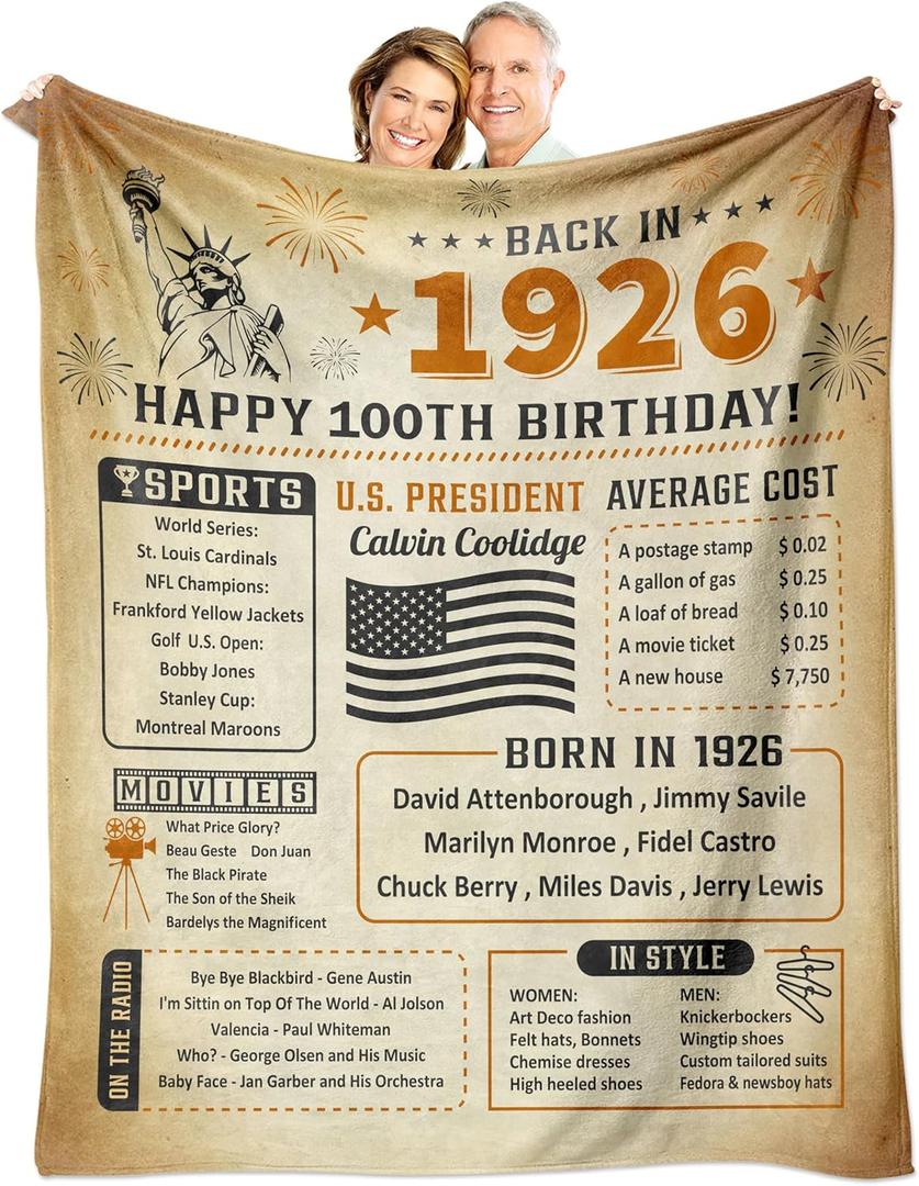 100th Birthday Decorations for Women or Men, 100th Birthday Gifts for Women Men, 100th Birthday Party Supplies, Gifts for 100 Year Old Woman Man Grandma Grandpa Dad Mom Throw Blanket 60x50 Inch