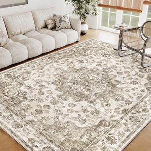 5x7 Washable Neutral Area Rug Brown Floral Living Room Bedroom Carpet Non-Slip Low Pile Vintage Soft Thin Throw Rug for Dining Room Entryway Dorm Office Kitchen Bathroom