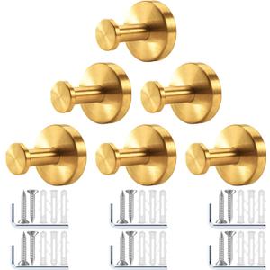 MoHern Gold Shower Hooks, 6 Pack Hooks with Hexagonal Allen Wrench, Expansion Rubber Plug, and Fastening Screw, Premium Stainless Steel Gold Towel Hook Set for Cement Walls, Marble, Wood, Brick, Tile