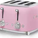 SMEG 4 Slice Toaster TSF03, Retro Stainless-Steel Toaster with Wide Slots for Bagels, 6 Browning Levels, Defrost Reheat Bagel Functions, Dual Controls, Crumb Trays, 1800W - TSF03PKUS - Pink