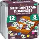 Queensell Mexican Train Dominoes Set with 8 Holders - Wooden Hub and Tiles Holders - Double 12 Tiles with Dots (D12 + 8 Holders)