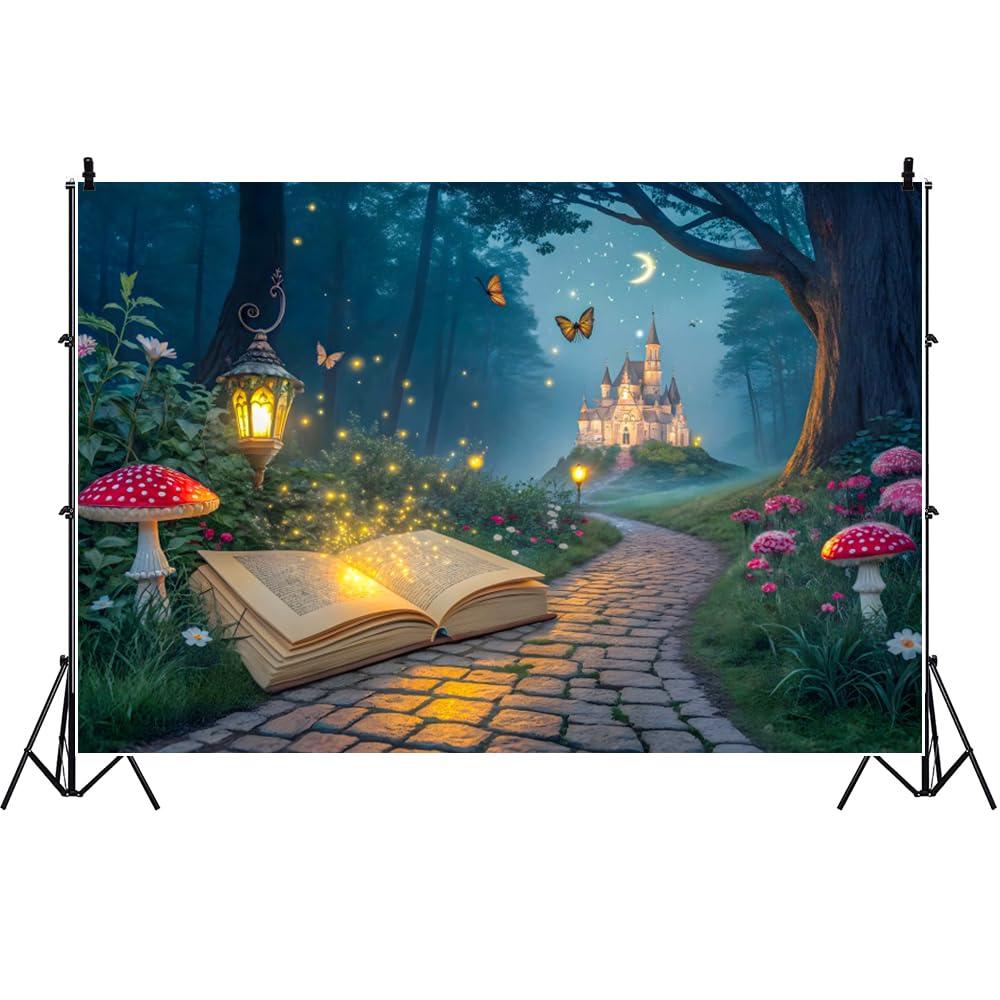 7x5ft Enchanted Fairy Castle Backdrop Spring Enchanted Forest Photography Background Fairy Tale Book Castle Mushroom Butterfly Forest Path Background