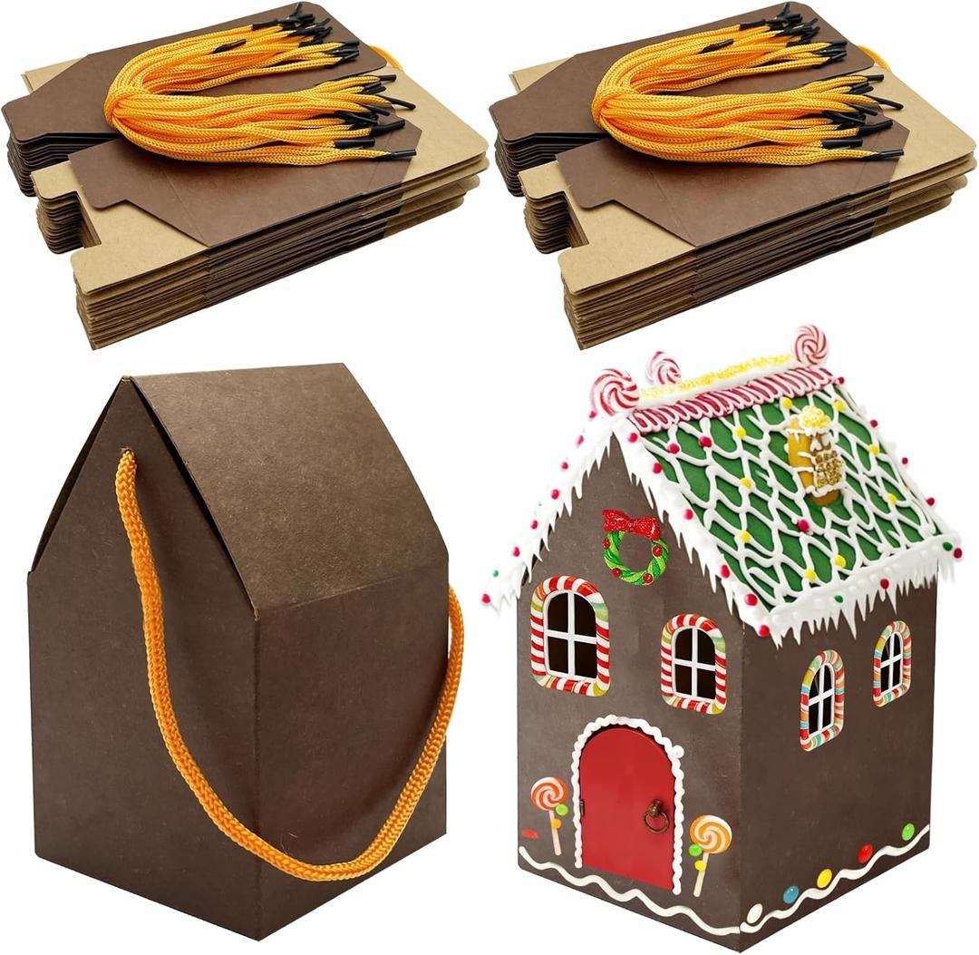 CIEOVO 50Pcs Christmas Gingerbread House Kit, Cardboard House-Shaped Cookie Gift Boxes with Ropes for DIY Crafts Holiday Party Favors Bulk Supplies (Dark brown)