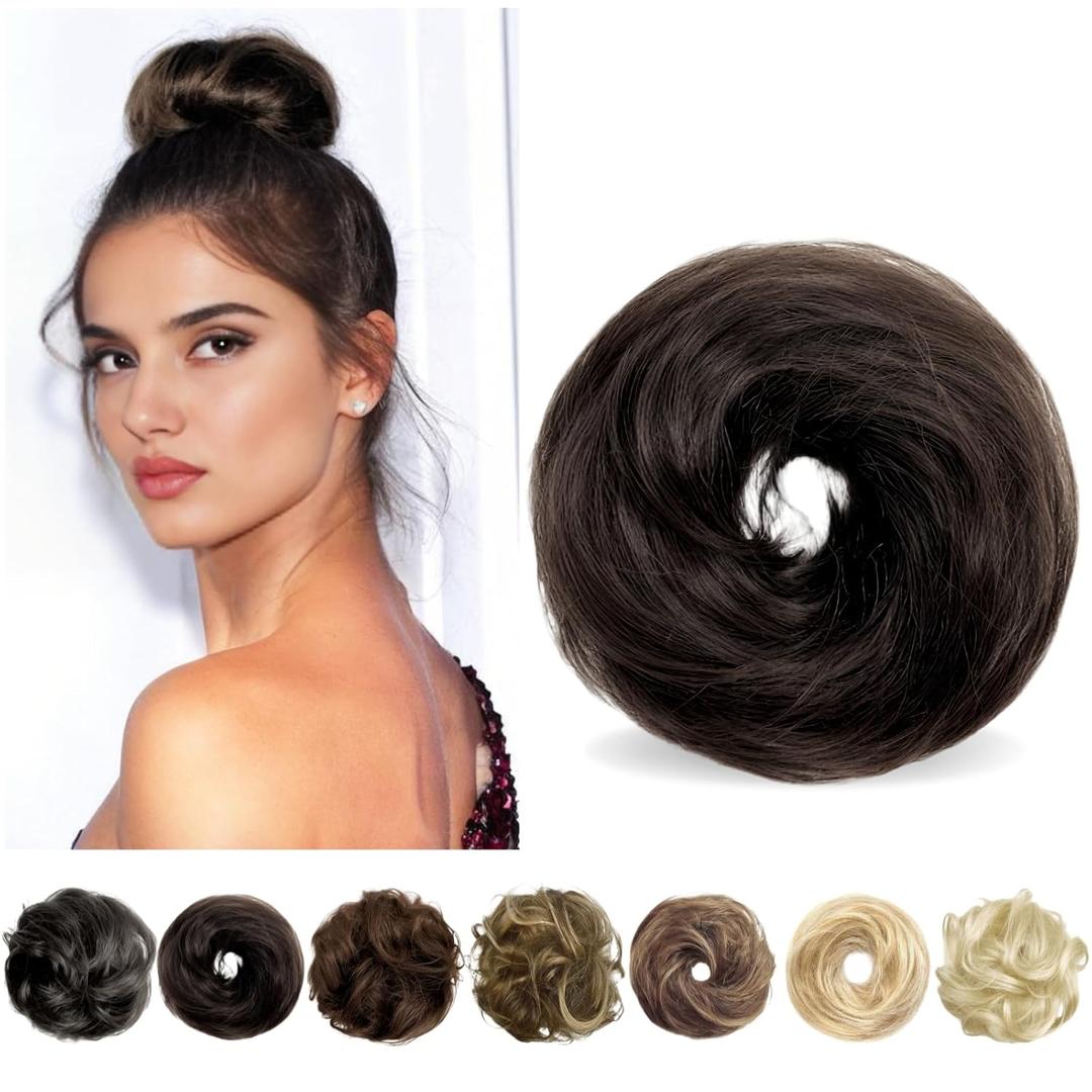 Messy Bun Hair Piece Human Hair, Human Hair Bun, 100% Real Hair Bun Updo Hairpieces Donut, Messy Bun Hair Scrunchie for Women Dark Brown