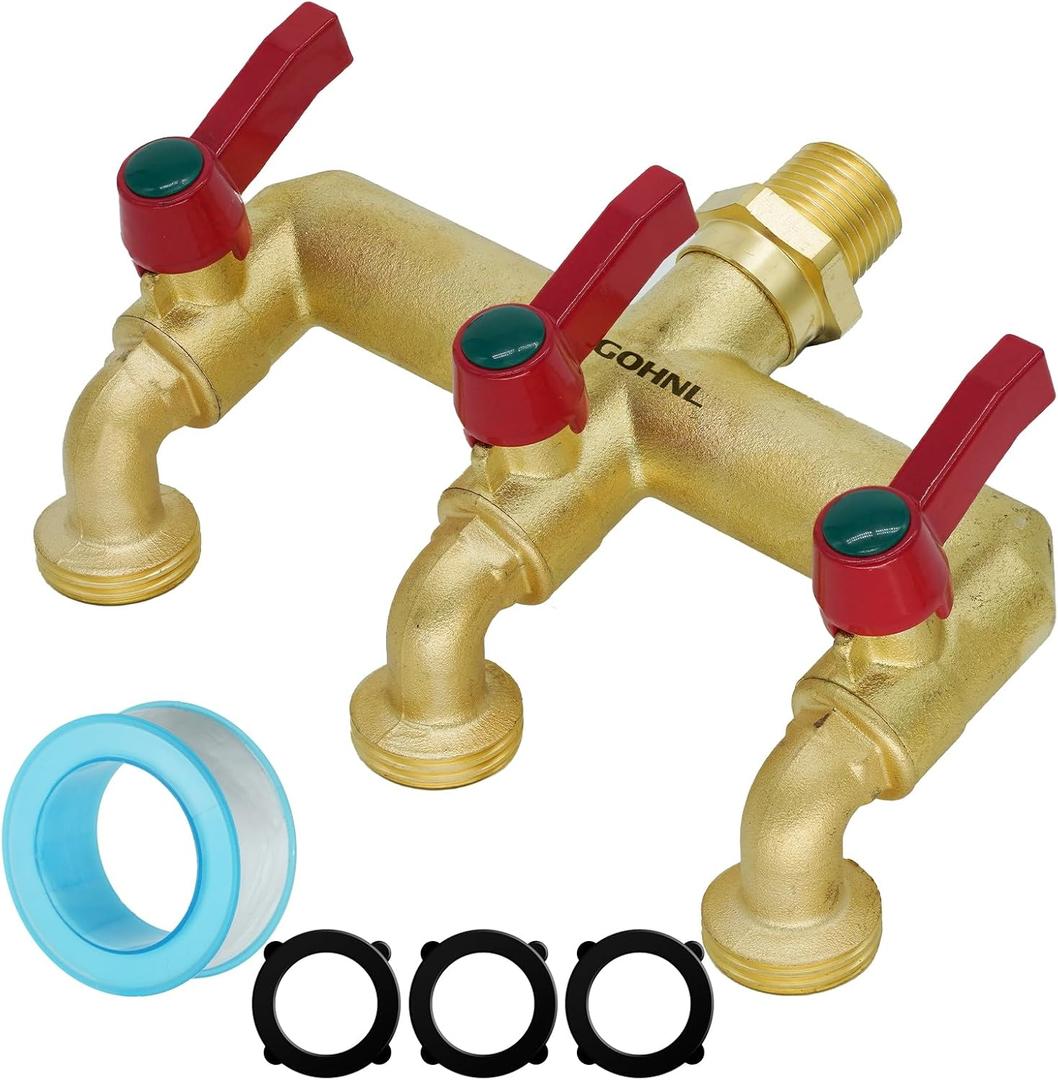 Outdoor Heavy Duty 3-Way Faucet - Solid Brass Garden Fixture With NPT 3/4" Male Inlet and GHT 3/4" Male Outlet - Horizontal, Widely Spaced