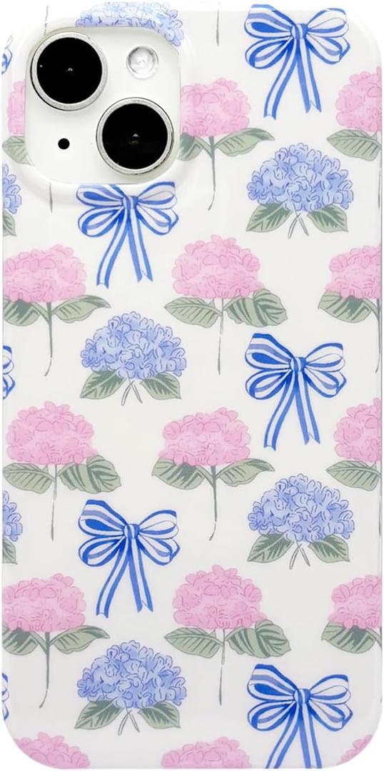 Reezaddin Pink Blue Hydrangea Flower Bow Phone Case for iPhone 14/13,Aesthetic Retro Coquette Vintage Floral Preppy Ribbons Chic Cute Girls Women Cover 6.1 inch