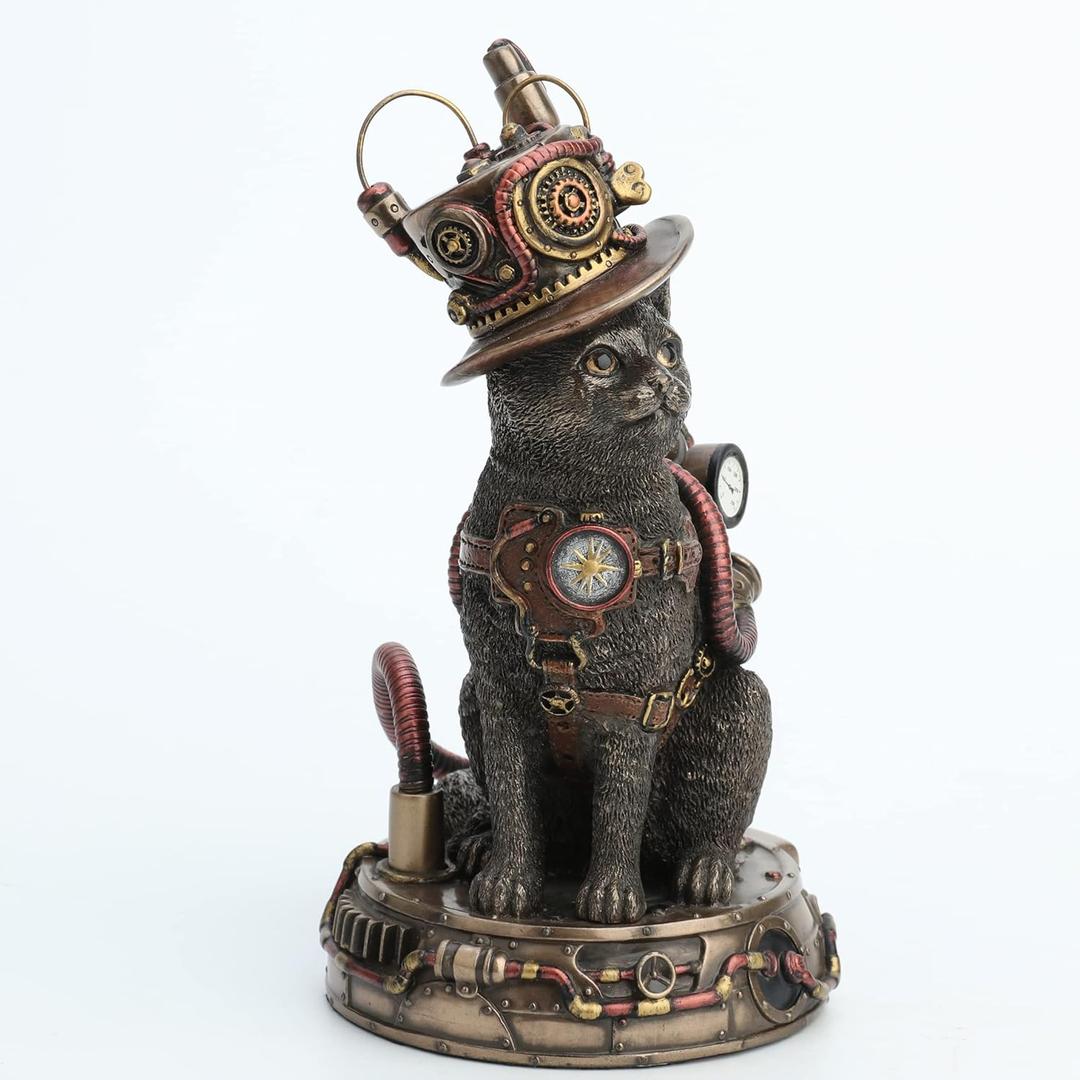 Veronese Design 6 7/8 Inch Steampunk Chaotic Neutal Mad Hatter Cat Cold Cast Resin Bronze Finish Animal Figurine