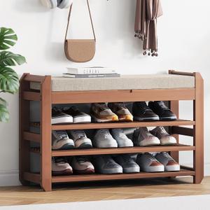 27.6" Entryway Shoe Rack Bench with Cushion, 3-Tier Storage Bench