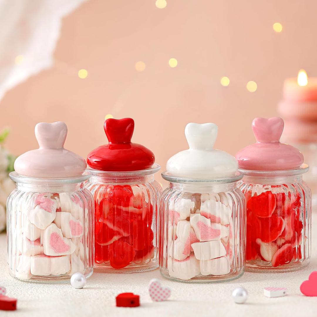 Qinyoung 4 Pcs 16 oz Valentine's Day Glass Candy Jars Clear Valentines Containers with Ceramic Heart Lid Cute Decorative Storage Jars for Cookie Chocolate Nut (Pink, Red, Rose, White, Classic Heart)
