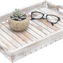 MyGift Shabby Chic Whitewashed Wood Breakfast Serving Tray with Cutout Handles with Slatted Design, Breakfast Ottoman Coffee Table Tray, 16 x 11 Inches