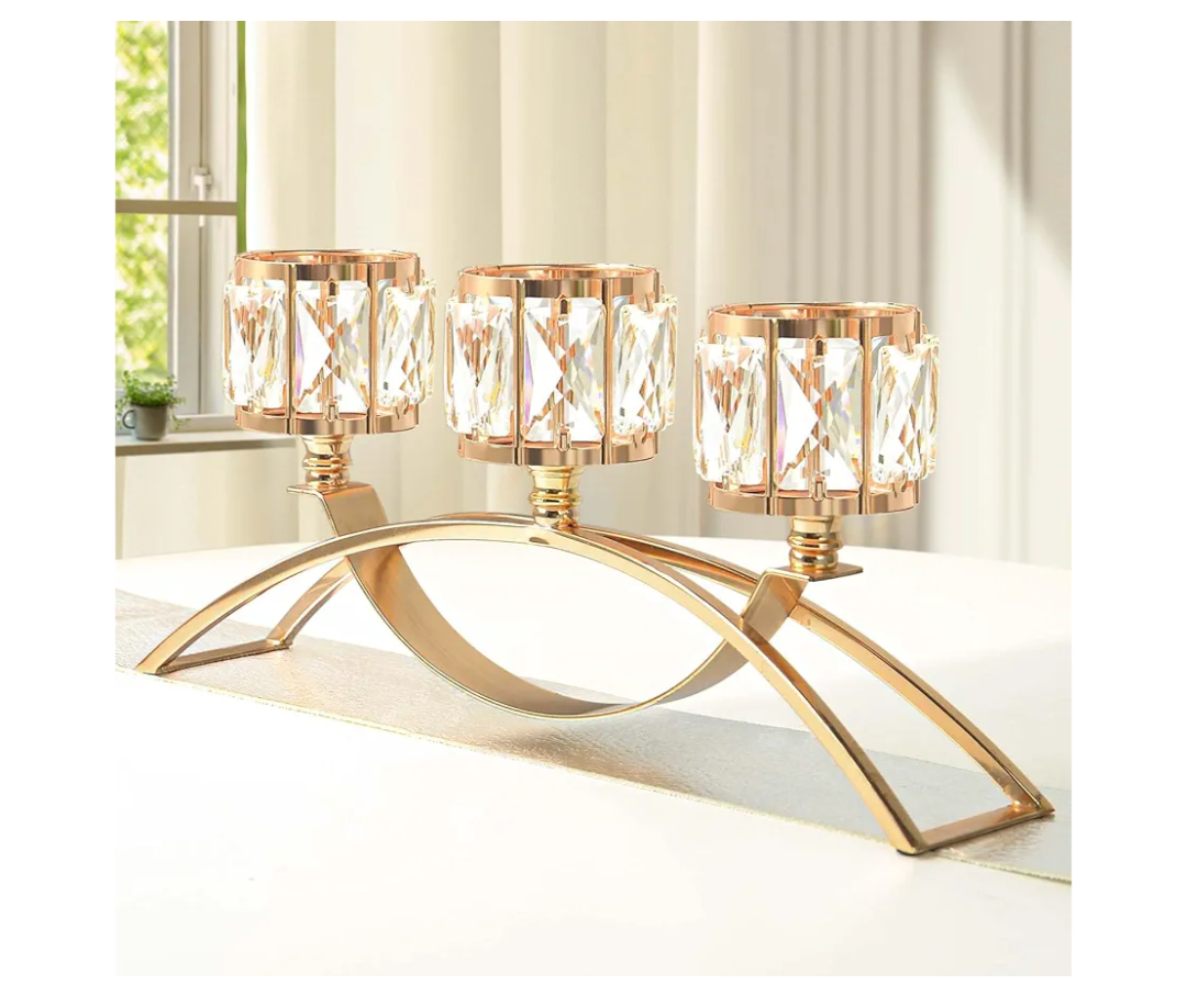 3 Arms Crystal Candle Holders, Arch Candlestick Table Candelabras Centerpieces for Wedding, Dinning Room, Cabinet Ornaments, Home Decoration， Gift (3-arm Arched, Gold)