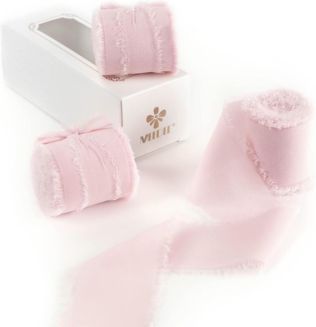 MEEDEE Pink Chiffon 2 Inch Ribbon Fringe Chiffon Ribbon Light Pink Frayed Ribbons for Crafts Silk Chiffon Ribbons for Gift Wrapping Wedding Invitation, Bridal Bouquet (3 Rolls 21 Yards)