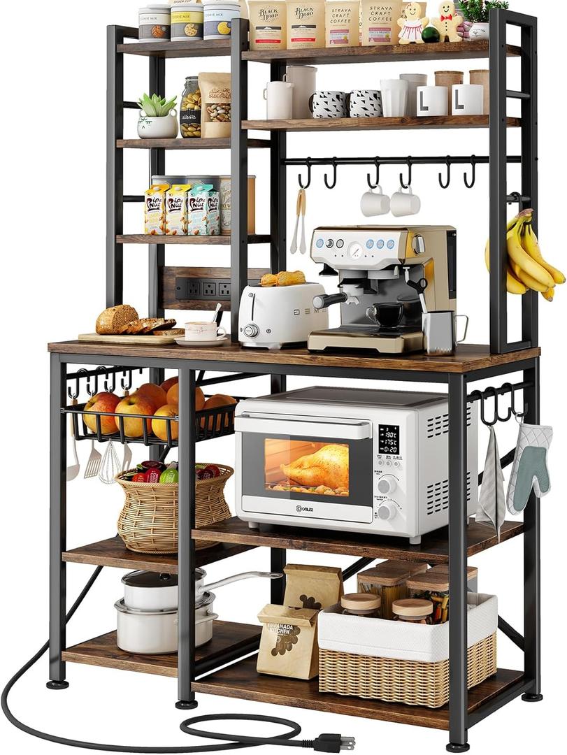 SNTD Baker Rack with Power Outlet - Microwave Stand with Storage, Large Coffee Bar Station with 14 Hooks, Metal Kitchen Shelf Rack for Spices, Pots (Rustic Brown) | with Power Outlet, with Storage, with 14 Hooks, for Spices, for Pots