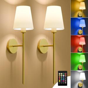Battery Operated Wall Sconces Set of Two, Gold Wireless Wall Lights with 5200mAh Dimmable Bulbs and Remote, 12 Color Rechargeable Wall Sconce for Bedroom Living Room Hallway, 24 Inch (Gold)