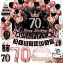 Rose Gold 70th Birthday Decorations for Women - Backdrop, Sparkle Crown Sash, Happy 70th Birthday Banner, Cake Topper, 70 Number Balloons, Hanging Swirl Decorations - 70pcs