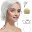 Old Lady Costume Set Grandma Wig Cap Madea Granny Glasses Eyeglass Chains Cords Faux Pearl Bead Necklace Cosplay Set 5 Pieces (Base Size, silver white bun)