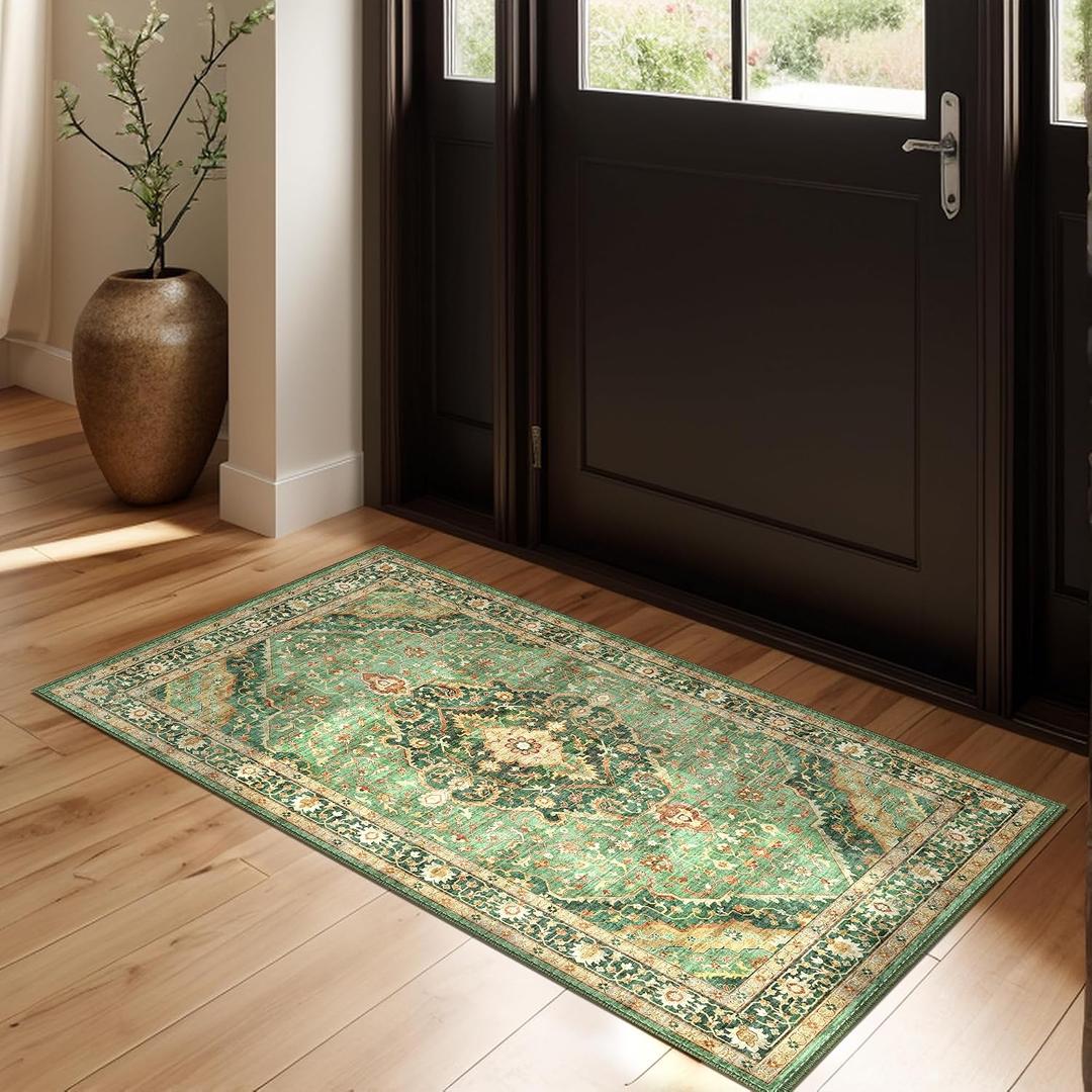 Green Runner Rug 2x4 Rugs Boho Small Washable Runner Rugs for Entryway Bathroom Kitchen, Small Rugs Soft Low Pile Non-Slip Rubber Backing Oriental Door Mat