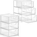 Hipiwe 2 Packs Acrylic Desk Organizer with 3 Drawers Small Display Organizer for Makeup Cotton Swabs Jewelry Clear Qtip Storage Box for Living Room Bathroom Office