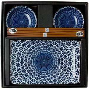 Miya Japan Blue and White Snow Sushi Set for 2 with Plates Sauce Dishes and Chopsticks
