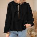 PRETTYGARDEN Women's Spring Fall Babydoll Peplum Blouse Shirt Puff Long Sleeve Bow Tie Front Trendy Cute Y2K Going Out Tops (Black, L)