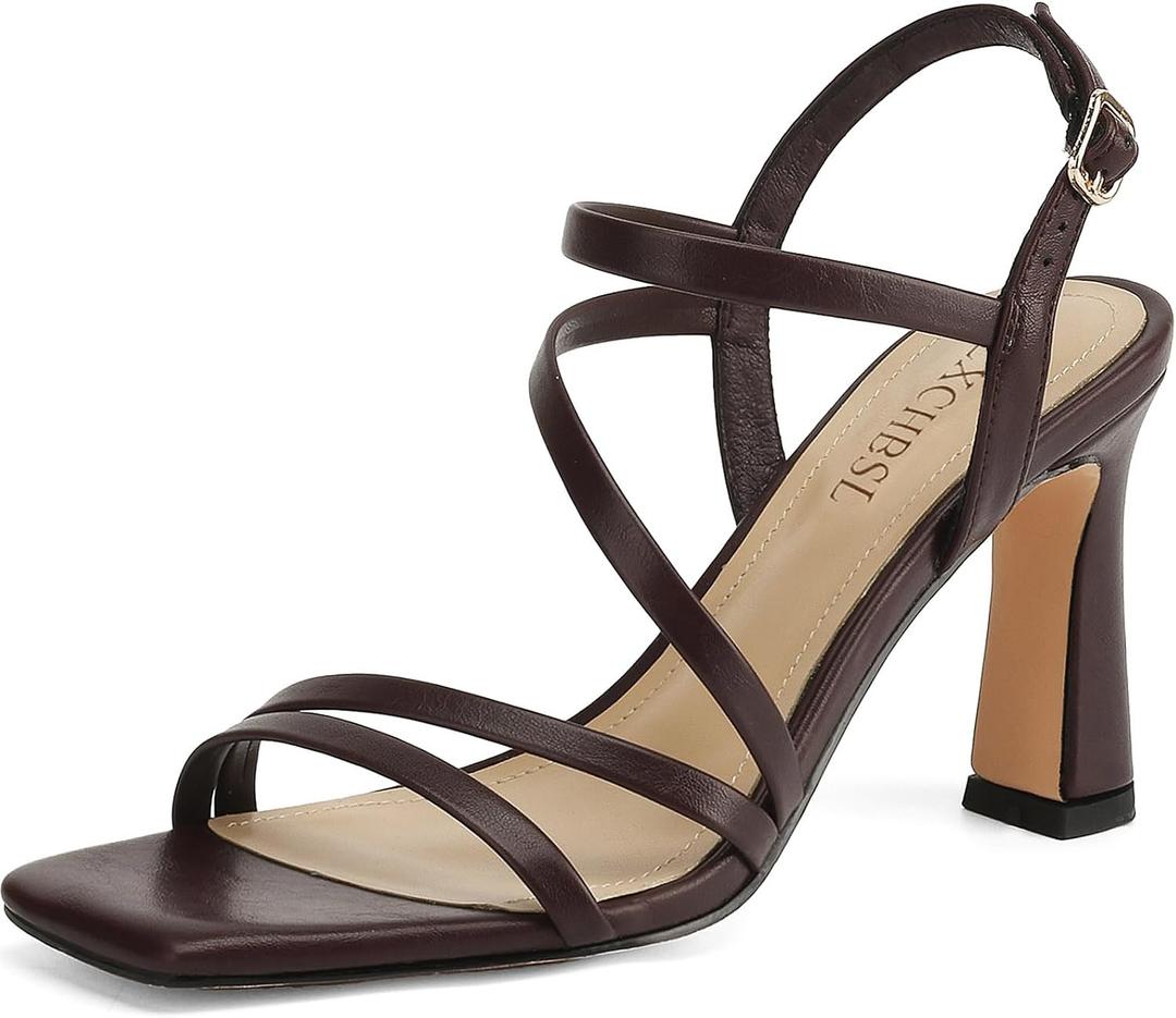 Strappy Heels for Women 3 Inch Chunky Block High Heels Square Open Toe Ankle Strap Dress Sandals for Wedding Prom Party Bridesmaid