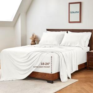 GOKOTTA 6-Pcs Queen Sheet Set: 18"-24" Extra Deep Queen Sheets with Elastic Corner Straps - 100% Rayon Derived from Bamboo - 300 High Thread Count Ultra Soft Hotel Luxury Sateen Weave, Cream White