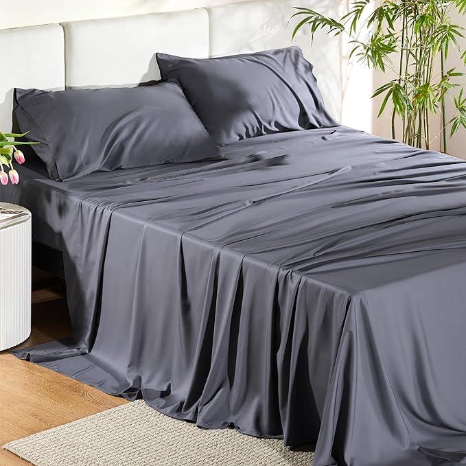 Bedsure Split King Sheet Set, Cooling Sheets for Split King Bed Set, Rayon Derived from Bamboo, Breathable & Soft Deep Pocket, Hotel Luxury Silky Bedding, Bedsheet & Pillowcases, Dark Grey