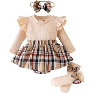 Newborn Baby Girl Plaid Outfits Long Sleeve Ruffled Romper Bodysuit with Bow Headband Socks Fall Winter Clothes (3-6 Months, Beige Brown)