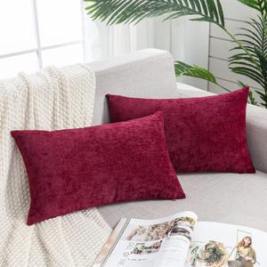 Lumbar Decorative Throw Pillow Covers 12"x20" Inch Set of 2, Super Soft Chenille Rectangle Pillowcase for Living Room Bedroom Sofa Couch Cushion Pillow Cover Burgundy Red 30x50cm (ONLY COVERS)