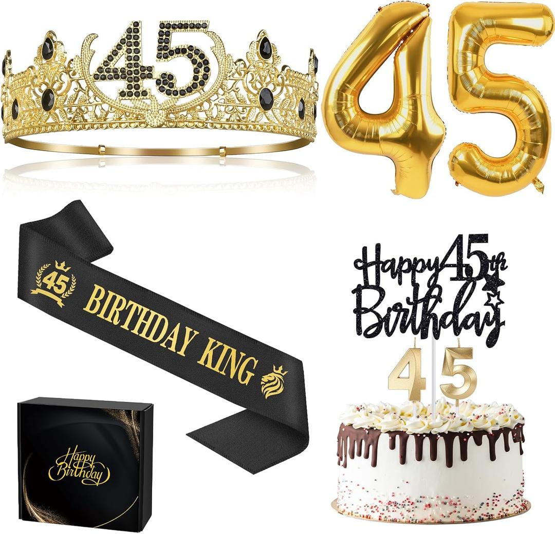 45th Birthday Gifts for Men, 45th Birthday Decorations for Men, Party Decor Supplies Including King Crown & Sash & Balloons & Cake Topper & Candles
