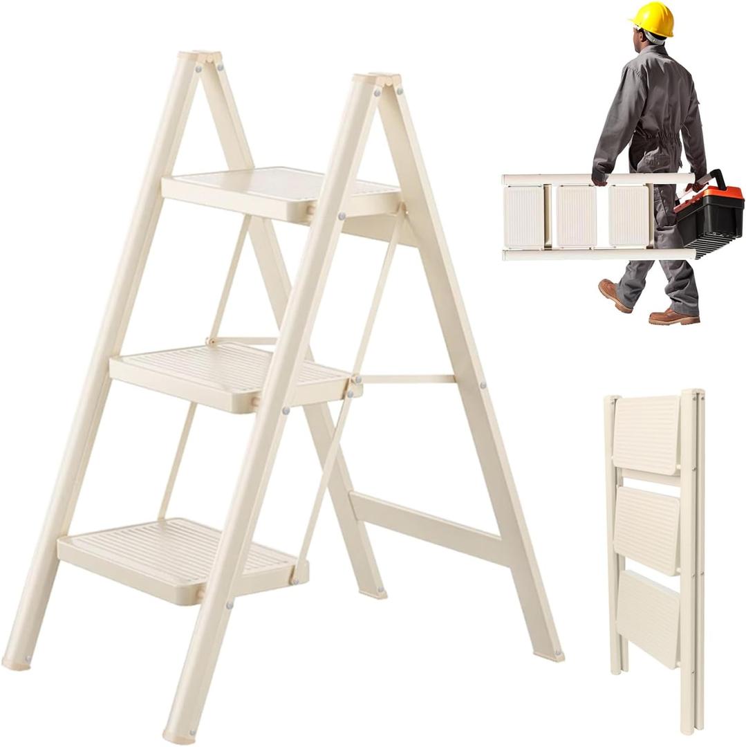 3 Step Ladder, Step Stool for Adults, Protable Carbon Steel Folding Stool with Wide Anti-Slip Wide Pedals, 330lbs Sturdy Steel Ladder for Household and Kitchen