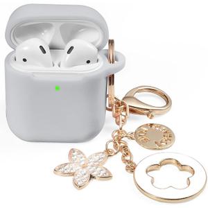 OLEBAND Case Fit for Airpod Case 1st/2nd Generation with Cute Bling Keychain,iPods Silione Cover Compatible for Apple Air pod/iPod 2 and 1 Gen Case,LED Visible,for Women and Girls,Grey