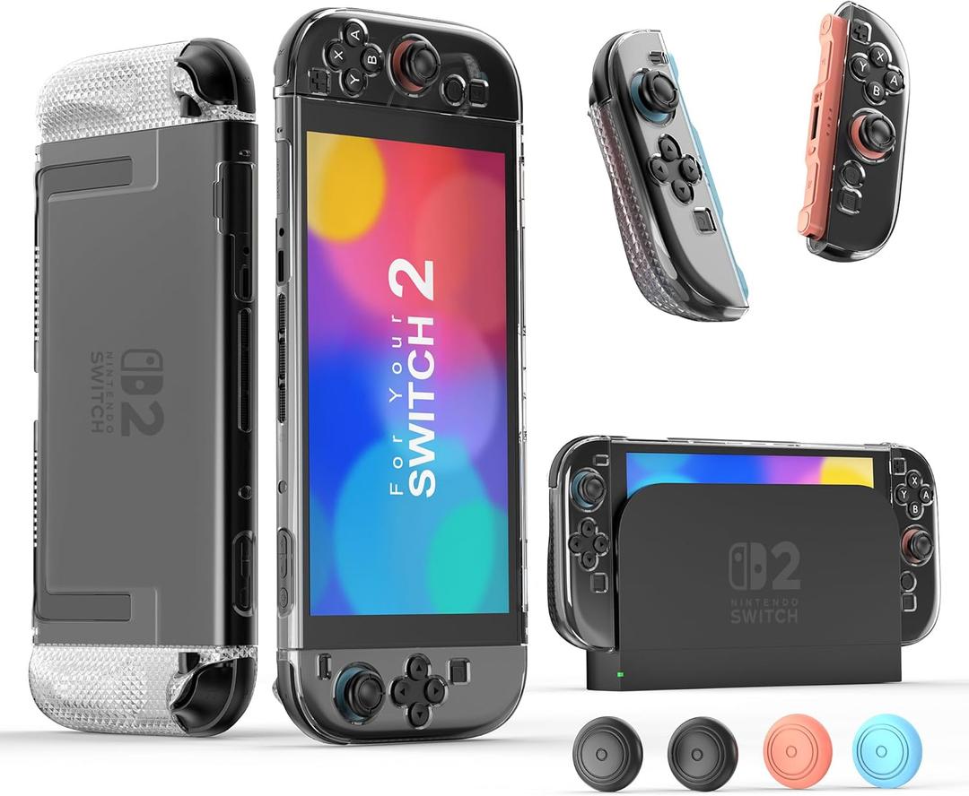 Upgrade Protective Case Compatible with Nintendo Switch 2, Transparent Protective for Nintendo Switch 2 (2025) with TPU Grip Cover Case and Thumb Caps, Shock-Absorption and Anti-Scratch Design