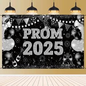 Large 71" X 43" Prom Decorations 2025 Backdrop Banner, Black and Silver Prom Backdrop for Photoshoot 2025 Send Off Decorations for High School College Graduation Party Decor