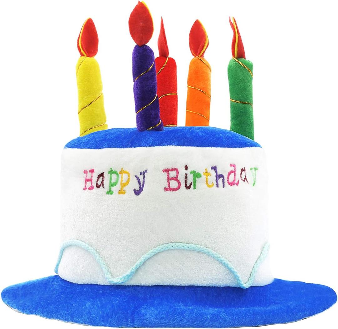 Novelty Place Blue Plush Happy Birthday Cake Hat - Unisex Adult Size Fancy Dress Party Hats - Perfect as Party Favors, Costume Accessories - Cake & 5 Multicolor Candles