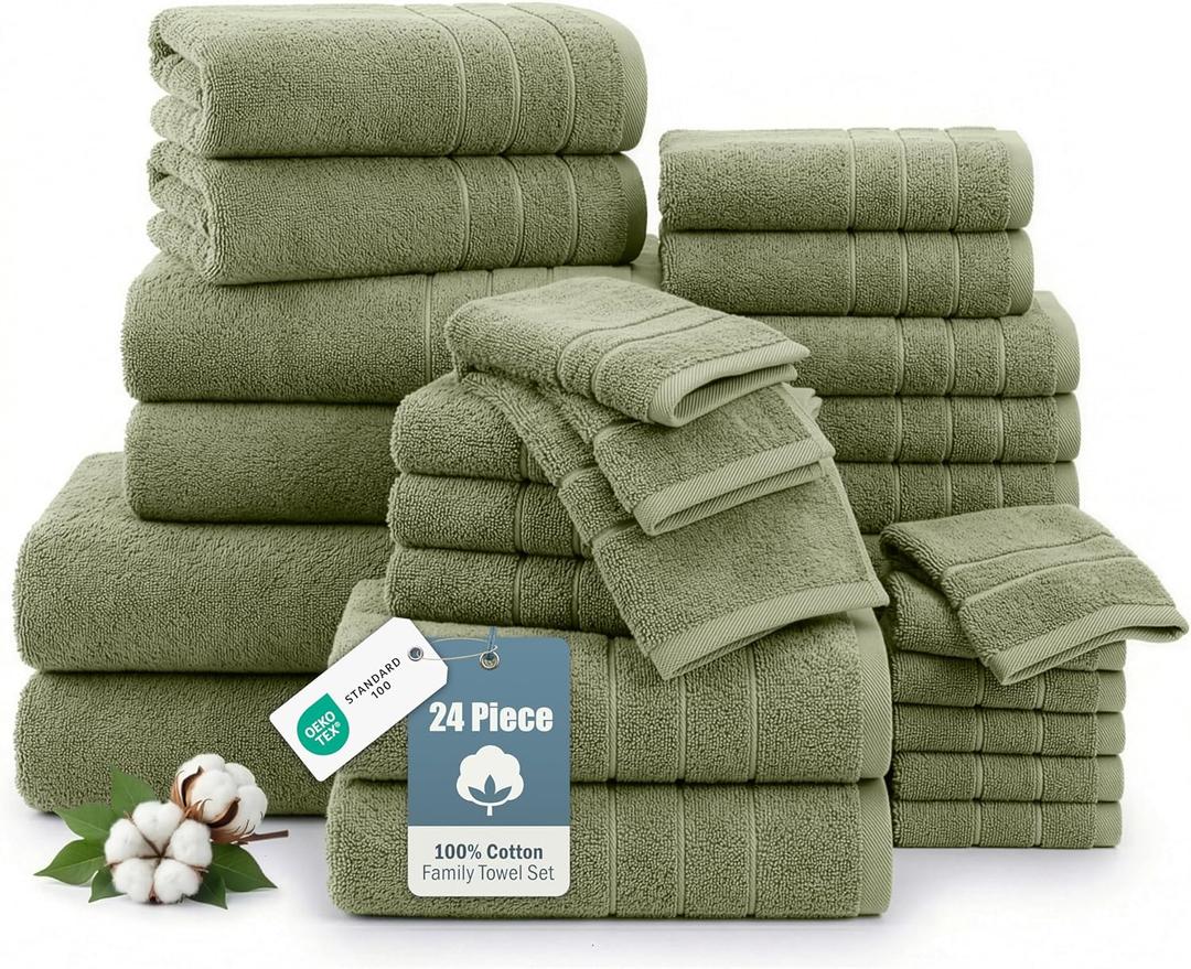 24-Piece Luxury Bathroom Towel Sets 100% Cotton Bath Towel, 2 Bath Sheets, 2 Gym Towel, 2 Bath, 4 Fingertip, 6 Hand, 8 Washcloths, Highly Absorbent, Ideal for Spa, Hotel & Everyday Use Oil Green