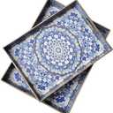 Boho Decorative Tray, Modern Blue Serving Tray with Handles, Ottoman Trays Set of 2, Plastic Coffee Table Tray for Living Room, Bathroom, Kitchen, Decor, Large 15.7*11.8, Small 13.7"*9.8"